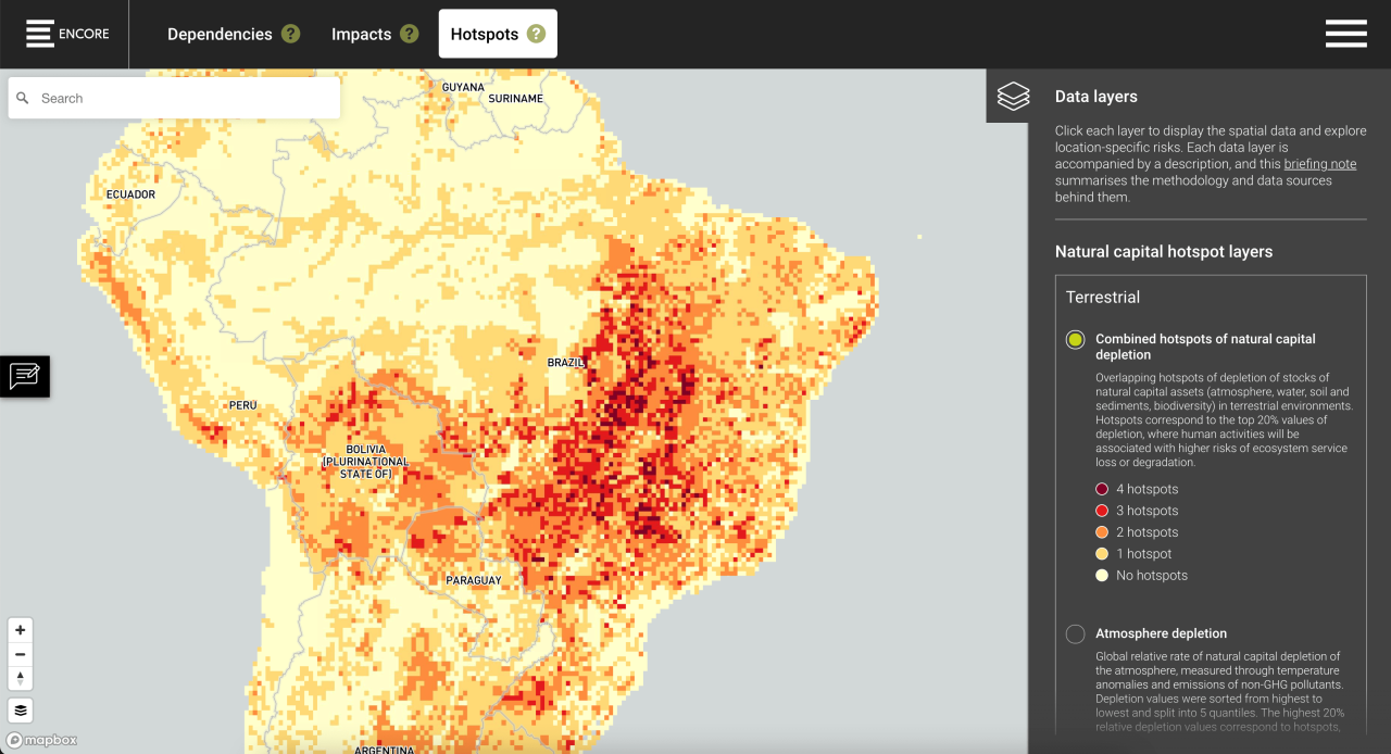 ENCORE spatial tool showing biodiversity hoptspots