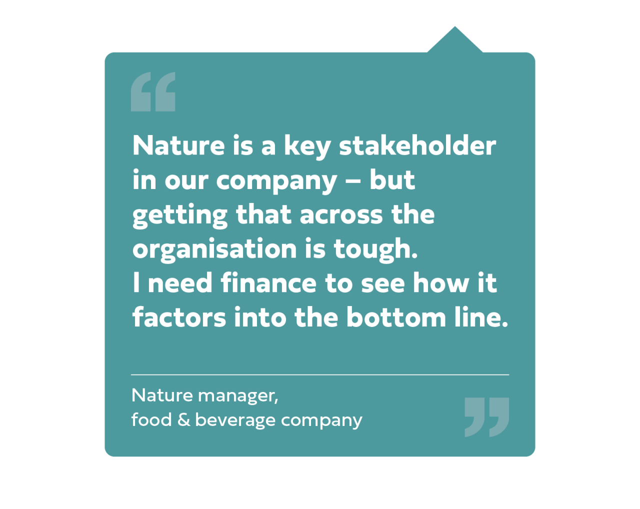 "Nature is a key stakeholder in our company - but getting that across the organisation is tough. l need finance to see how it factors into the bottom line." Nature manager, food & beverage company