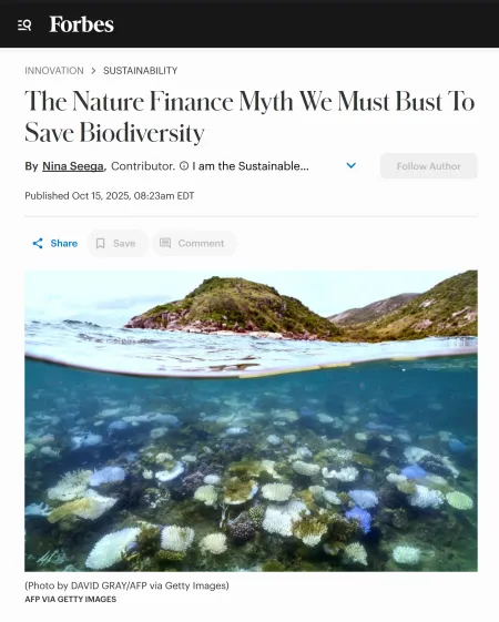 Screenshot of Forbes website showing The Nature Finance Myth We Must Bust To Save Biodiverisity. The image shows a photograph showing a marine environment choked with plastic waste.