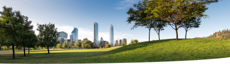 Skyline of buildings at Vitacura and Providencia districts from Parque Bicentenario, Santiago de Chile