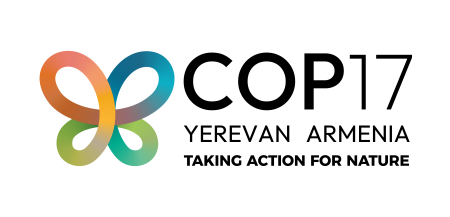 COP17 Logo: Stylised butterfly made of interlinked lines with colour gradients. Strapline: COP17 Yervan Armenia - Taking Action for Nature