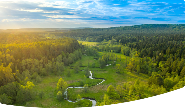 Oblique aerial image over a meandering river.