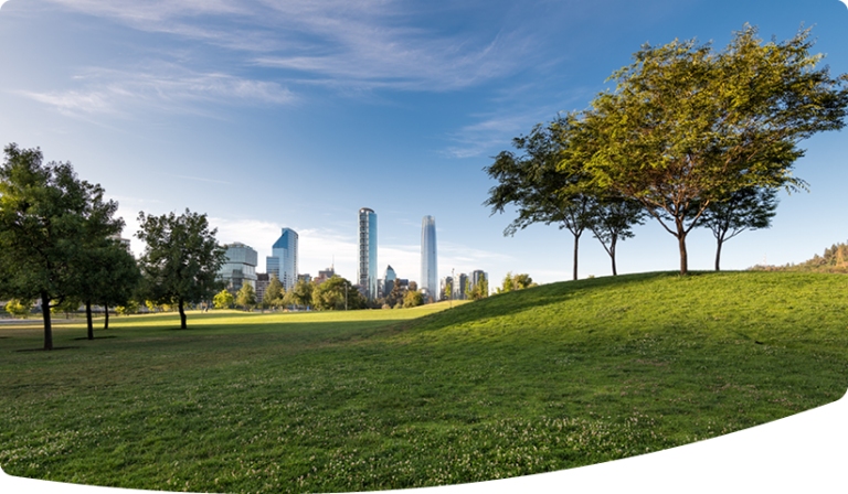 Skyline of buildings at Vitacura and Providencia districts from Parque Bicentenario, Santiago de Chile