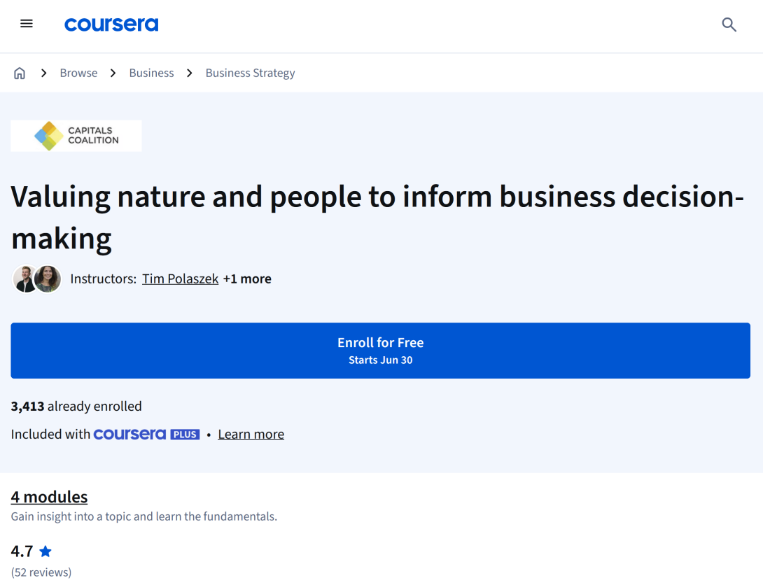 Valuing nature and people to inform business decision-making course